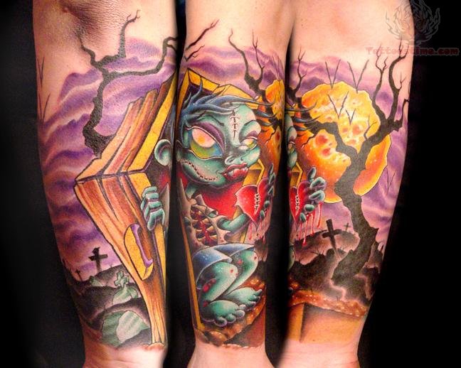 Colorful Zombie And Coffin Tattoo Design