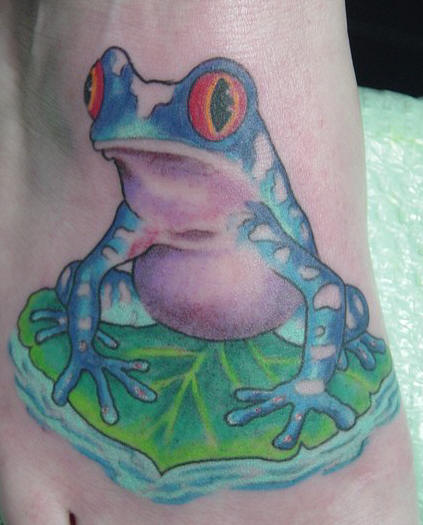 Cool Aqua Color Frog Tattoo Design For Foot