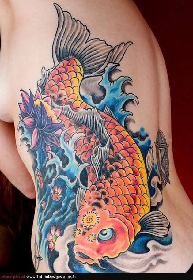 Cool Aqua Fish Tattoo On Girl Left Side Rib