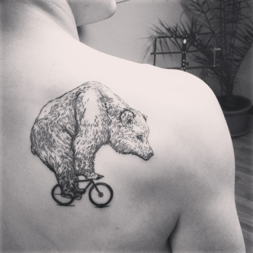 Cool Bear Riding Bike Tattoo On Right Back Shoulder