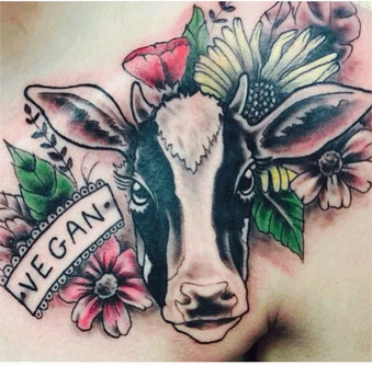 Cool Cow Head With Flowers Tattoo Design