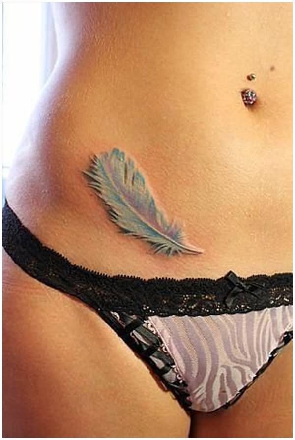Cool Feather Tattoo On Belly
