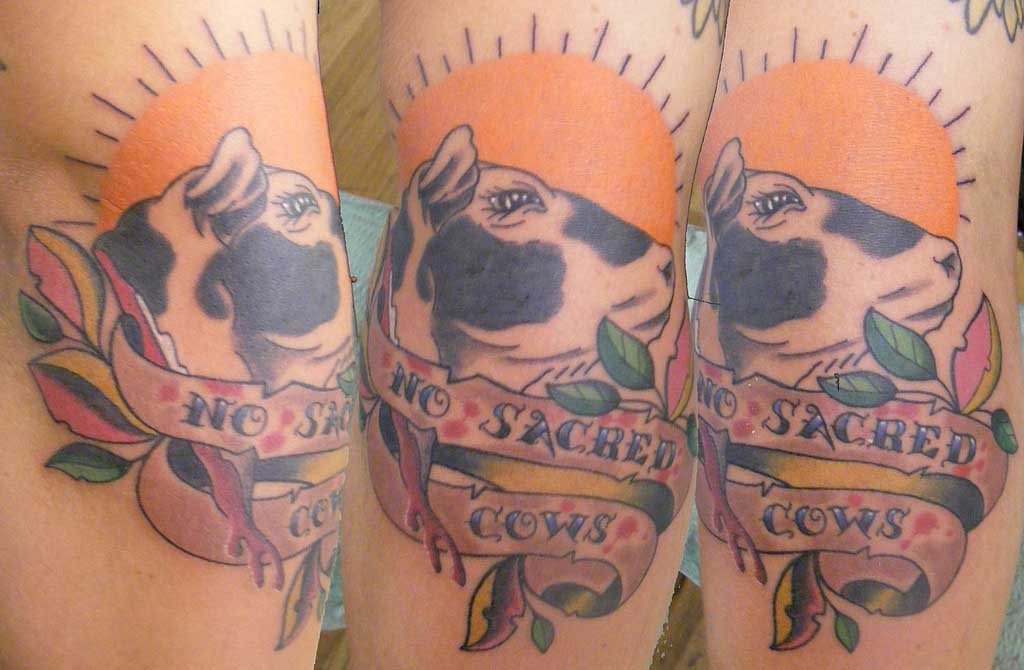 Cow Head With Banner Tattoo Design