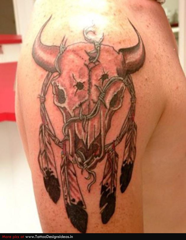 Cow Skull With Dreamcatcher Tattoo On Right Shoulder