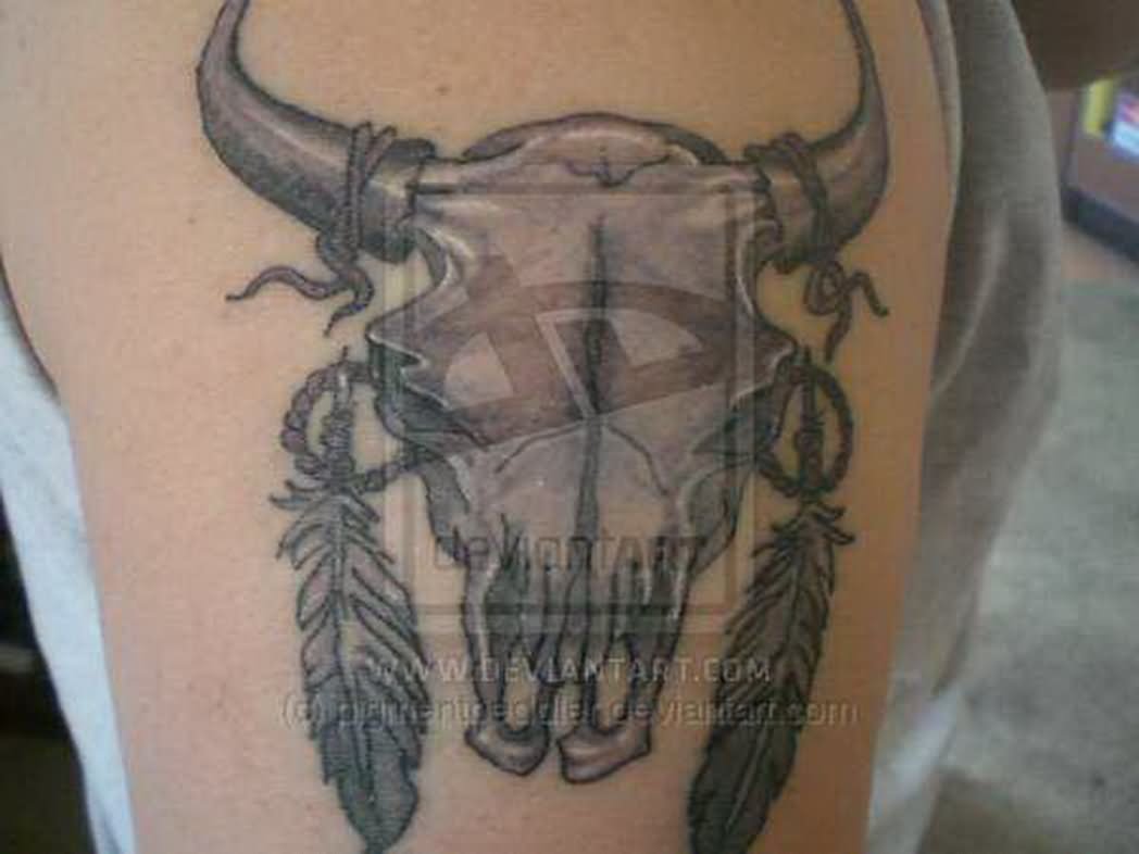 Cow Skull With Feathers Tattoo On Shoulder