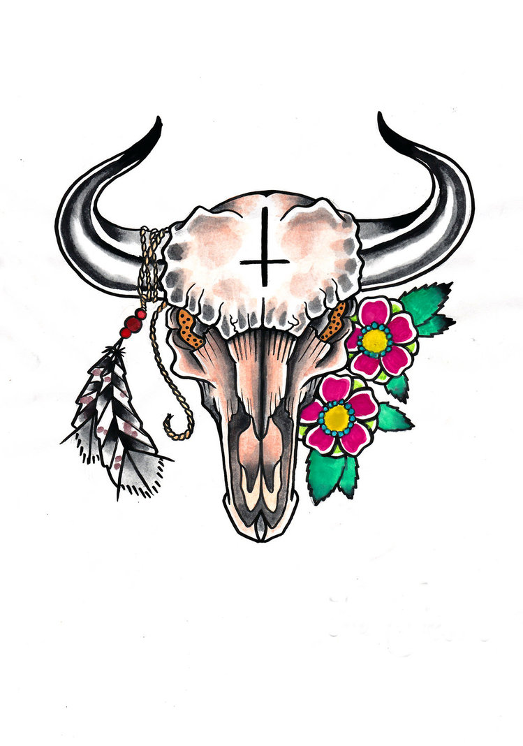 Cow Skull With Flowers And Feathers Tattoo Design
