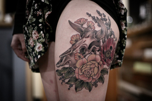 Cow Skull With Flowers Tattoo Design For Side Thigh