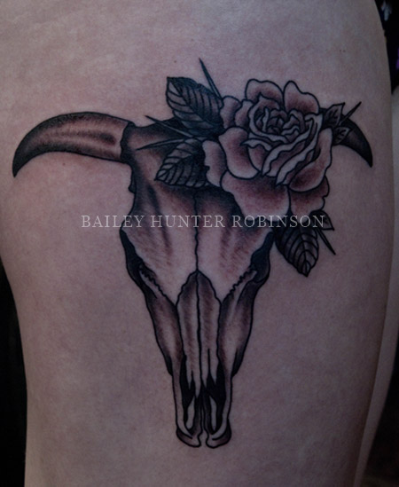 Cow Skull With Rose Tattoo Design For Side Thigh