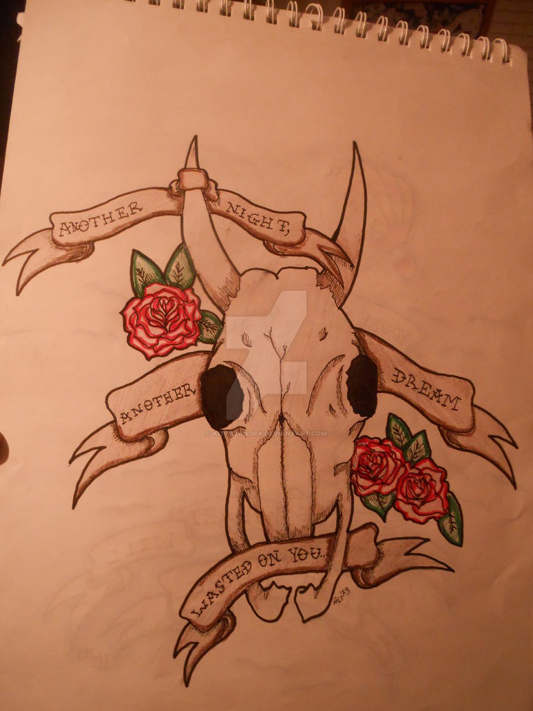 Cow Skull With Roses And Banner Tattoo Design