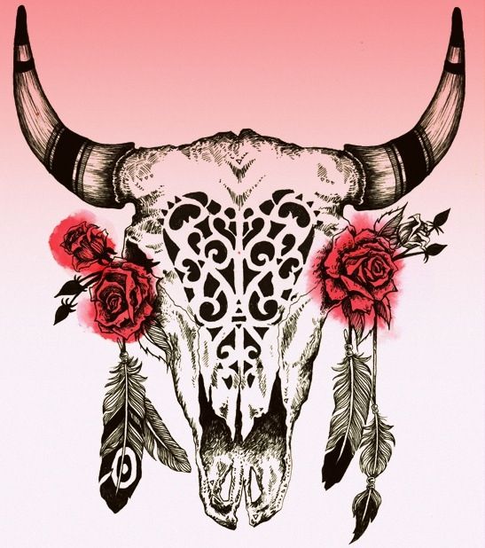Cow Skull With Roses And Feathers Tattoo Design