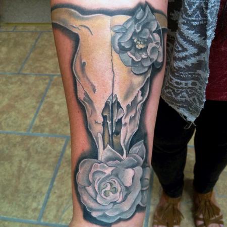 Cow Skull With Roses Tattoo Design For Half Sleeve