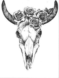 Cow Skull With Roses Tattoo Design