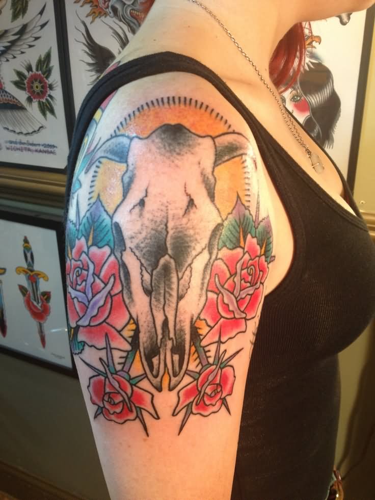 Cow Skull With Roses Tattoo On Right Shoulder