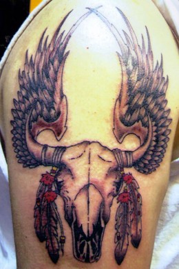 Cow Skull With Wings Tattoo On Left Shoulder
