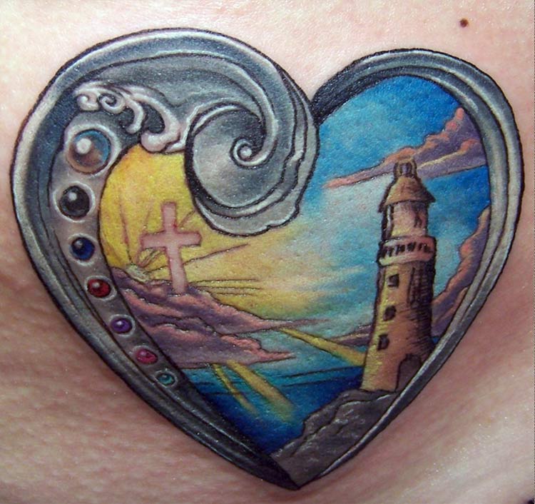 Cross And Lighthouse In Heart Frame Tattoo