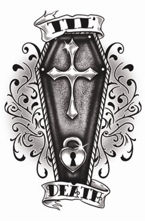 Cross And Lock Heart With Death Banner Coffin Tattoo Design