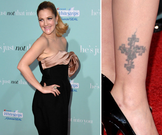 Cross Tattoo On Celebrity Drew Barrymore Leg