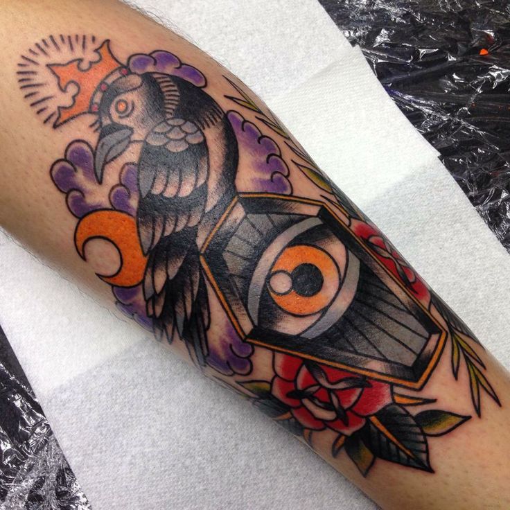 Crow With Crown And Coffin Tattoo