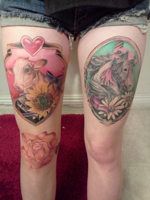 Cute And Horse In Two Frame Tattoo On Both Thigh