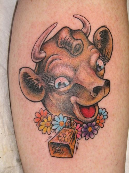 Cute Cow Head With Flowers Tattoo Design