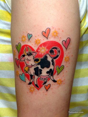 Cute Cow With Hearts Tattoo Design For Arm