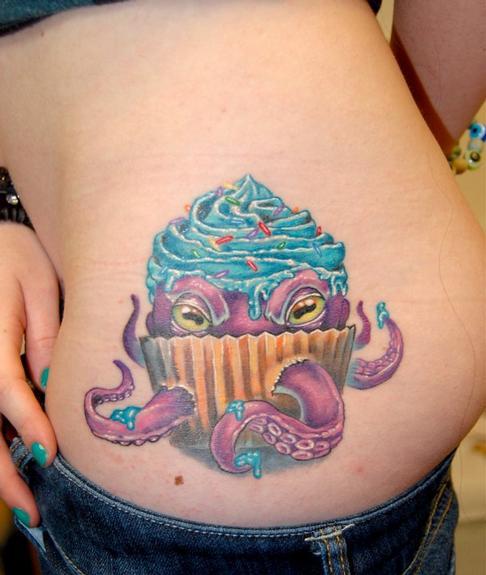 Cute Cup Cake Octopus Tattoo On Girl Side