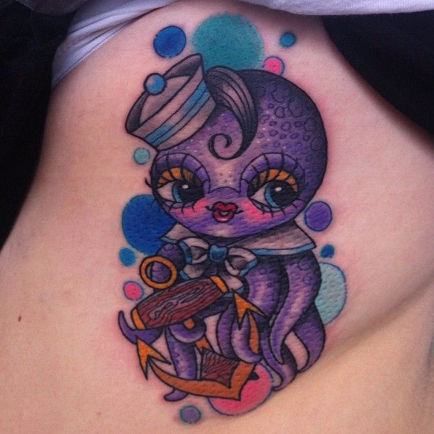 Cute Octopus And Anchor Tattoo On Side Rib