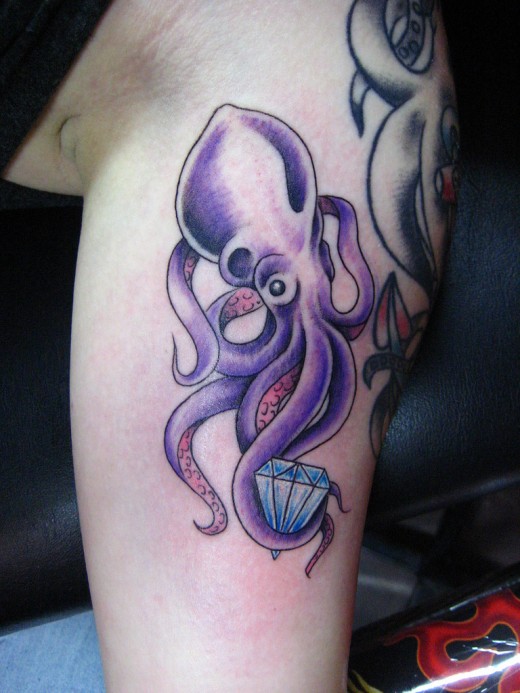Cute Octopus With Diamond Tattoo On Half Sleeve
