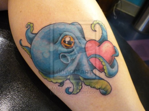 Cute Octopus With Pink Heart Tattoo