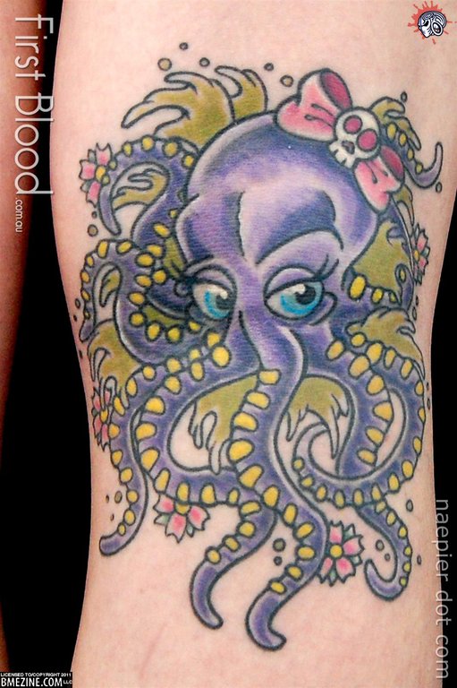 Cute Purple Octopus With Bow Tattoo