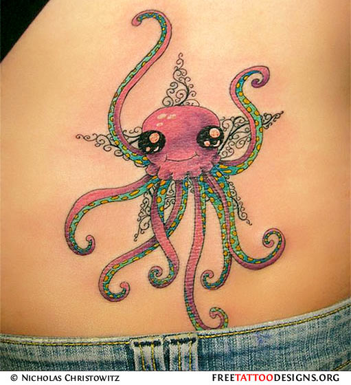 Cute Red Octopus Tattoo On Girl Lower Back