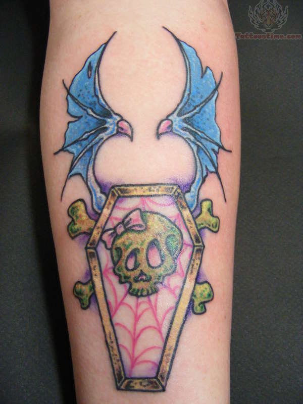 Dagger Coffin Tattoo With Blue Devil Wings Tattoo On Sleeve