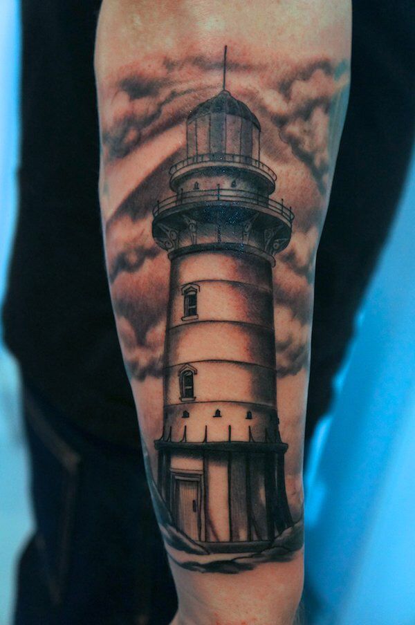 Dark Grey Ink Lighthouse Tattoo by Graynd