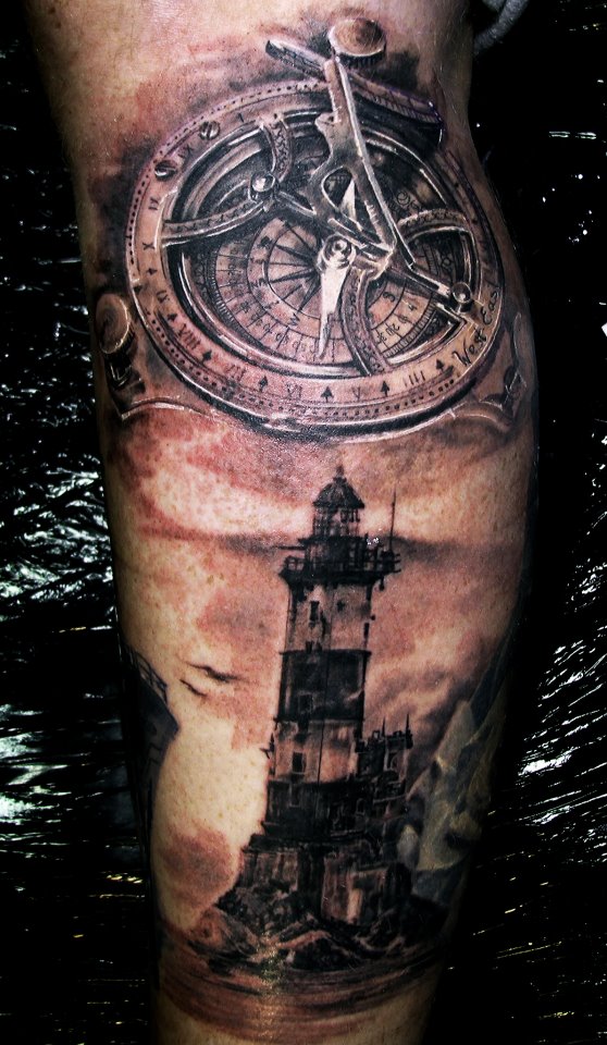 Dark Ink Nautical Compass And Lighthouse Tattoo