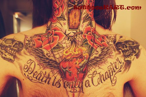 Death Is Only A Chapter Winged Coffin Tattoo On Chest