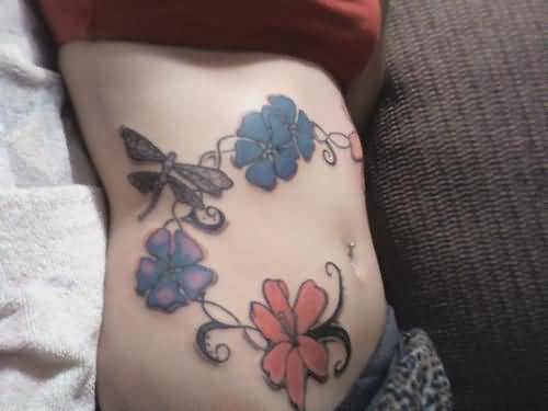 Dragonfly With Flowers Tattoo On Belly