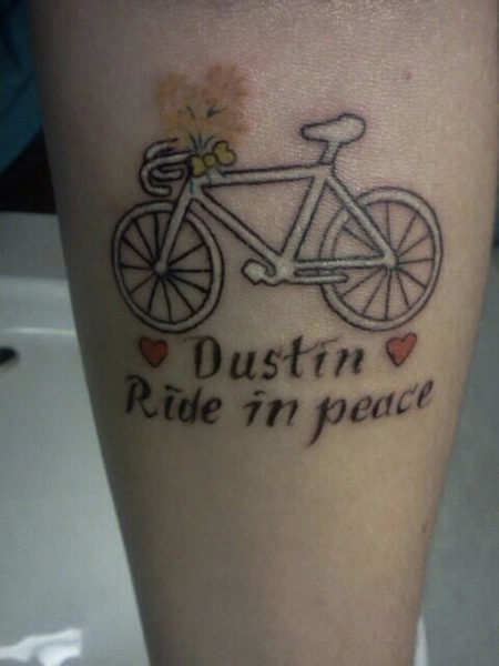 Dustin Ride In Peace - Awesome Bike Tattoo On Leg Calf