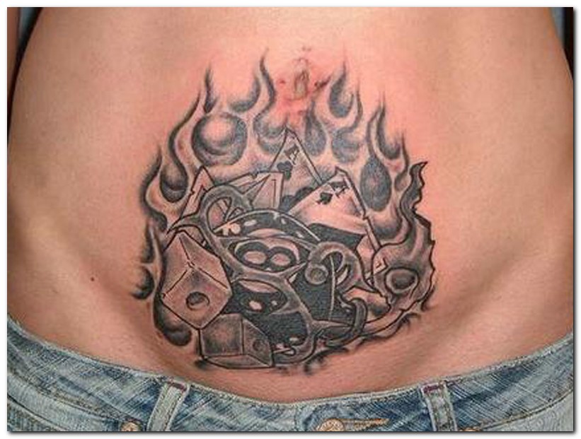 Eightball With Playing Cards In Flame Tattoo On Belly