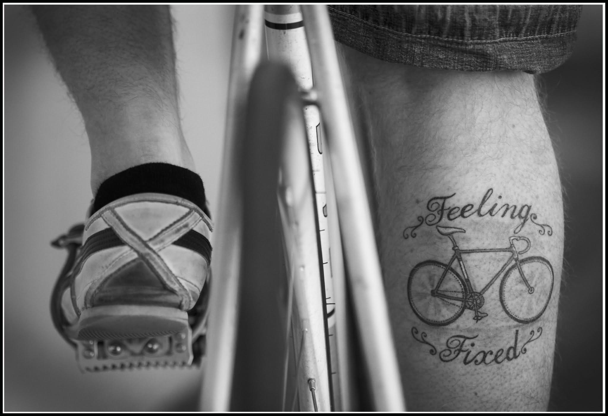 Feeling Fixed - Black Bike Tattoo On Leg Calf