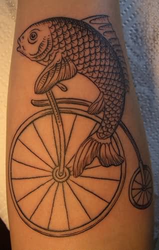 Fish On Penny Farthing Bike Tattoo Design For Forearm