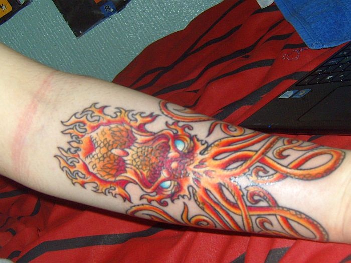 Flaming Kraken Tattoo On Forearm By Steven Roberts