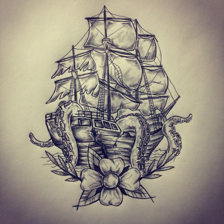 Flower And Octopus Ship Tattoo Design