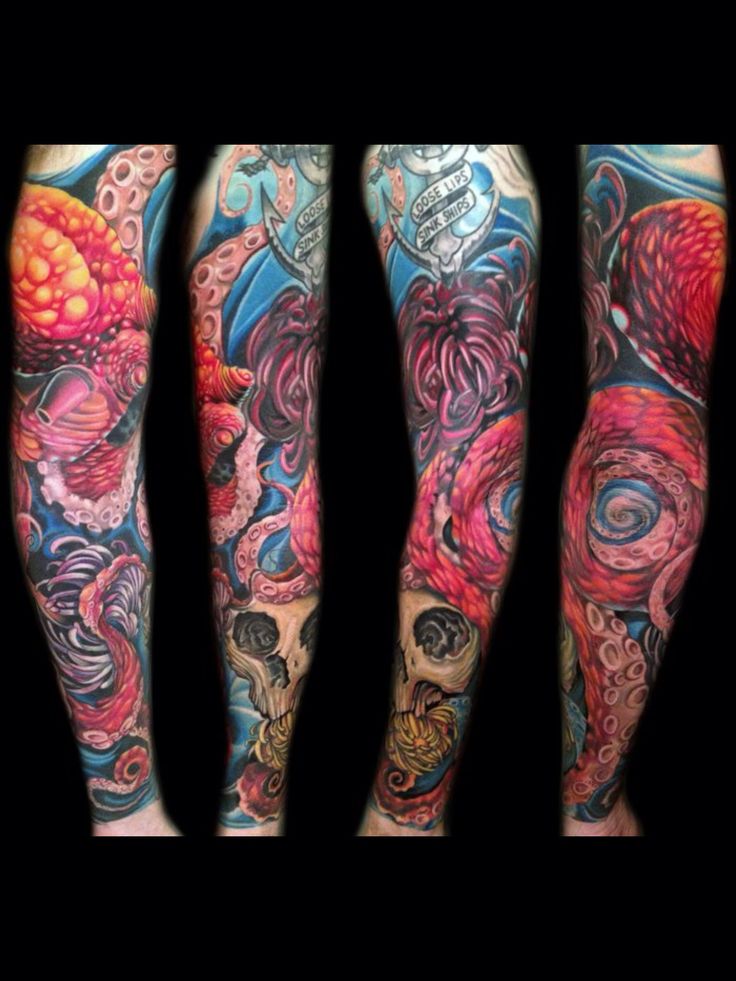 Flower And Octopus Sleeve Tattoo