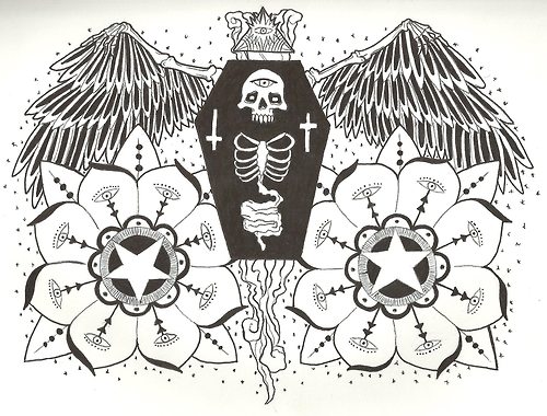 Flowers And Coffin Tattoo Design Idea