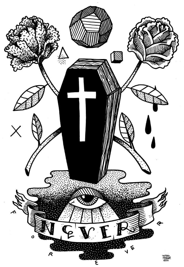Flowers And Coffin Tattoo Design  With Never Banner