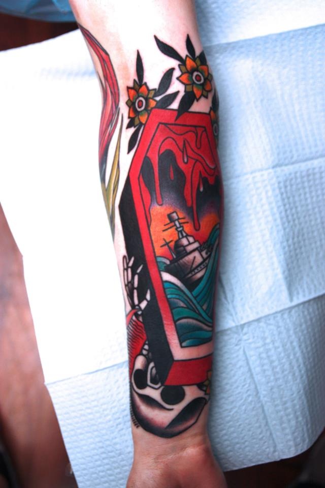 Flowers And Coffin Tattoo On Forearm