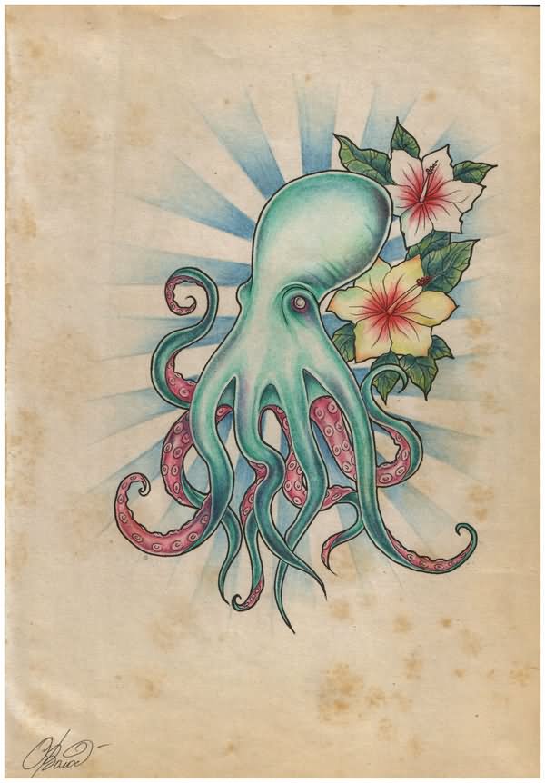 Flowers And Octopus Tattoo Design