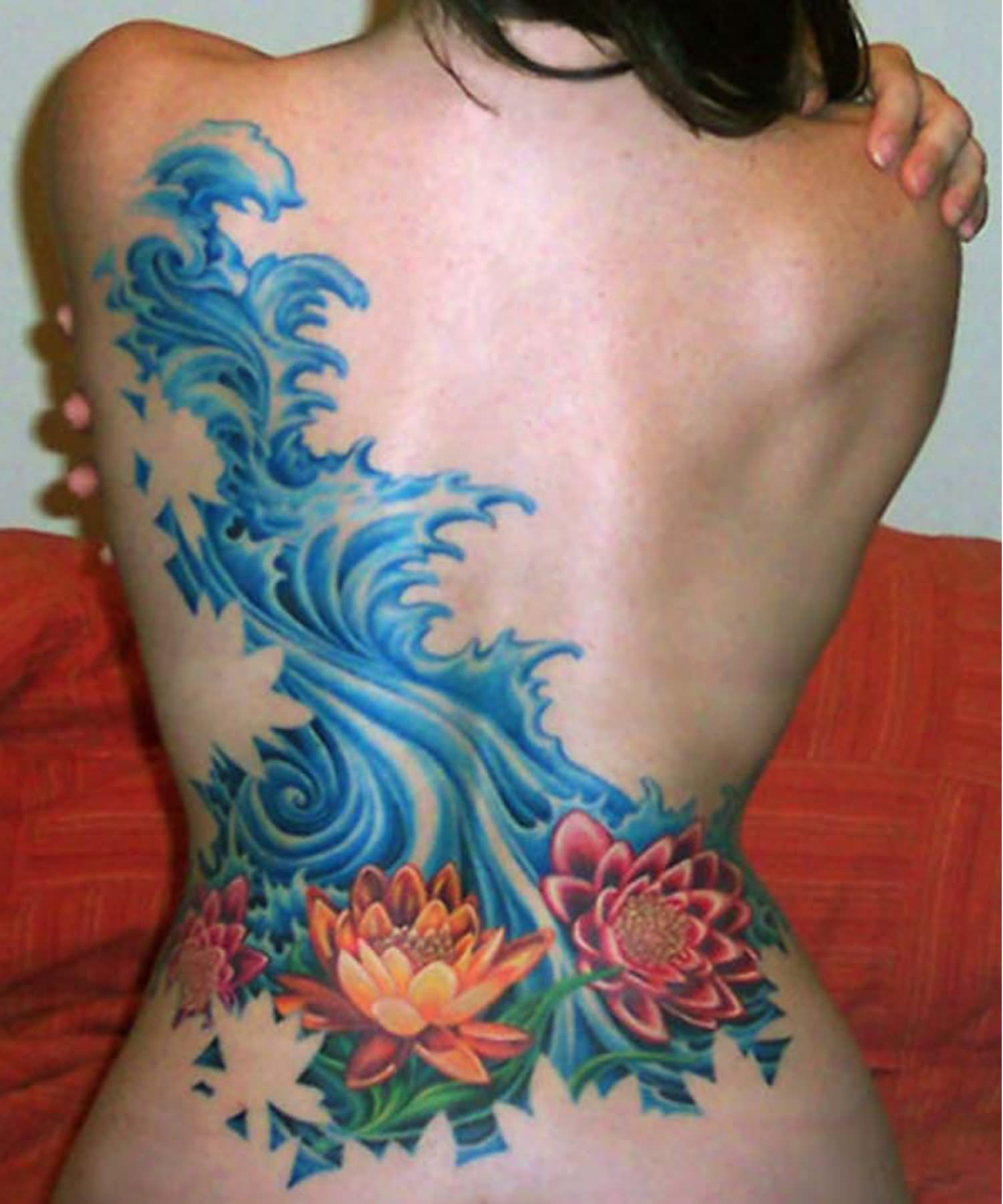 Flowers Aqua Tattoo On Girl Full Back