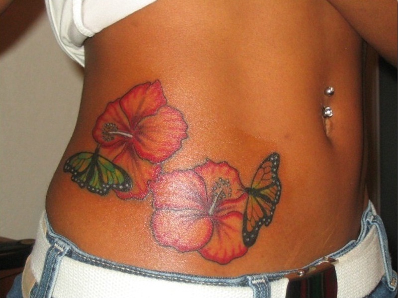 Flowers With Butterflies Tattoo On Side Belly