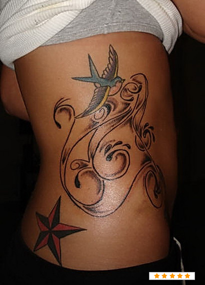 Flying Bird With Nautical Star Tattoo On Side Belly